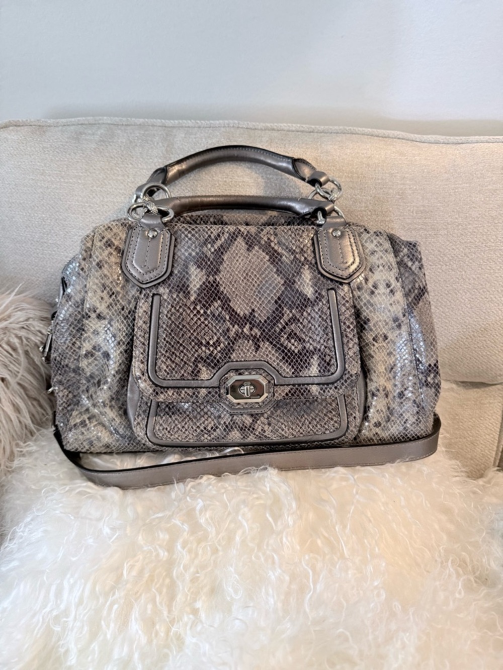 Coach Python Snake Large Satchel Bag - Silver/Gray.
